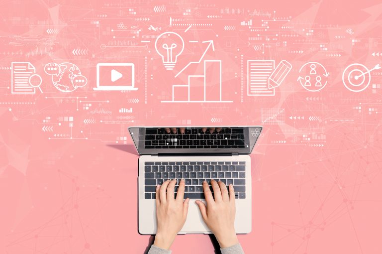 Content marketing concept with person using a laptop computer